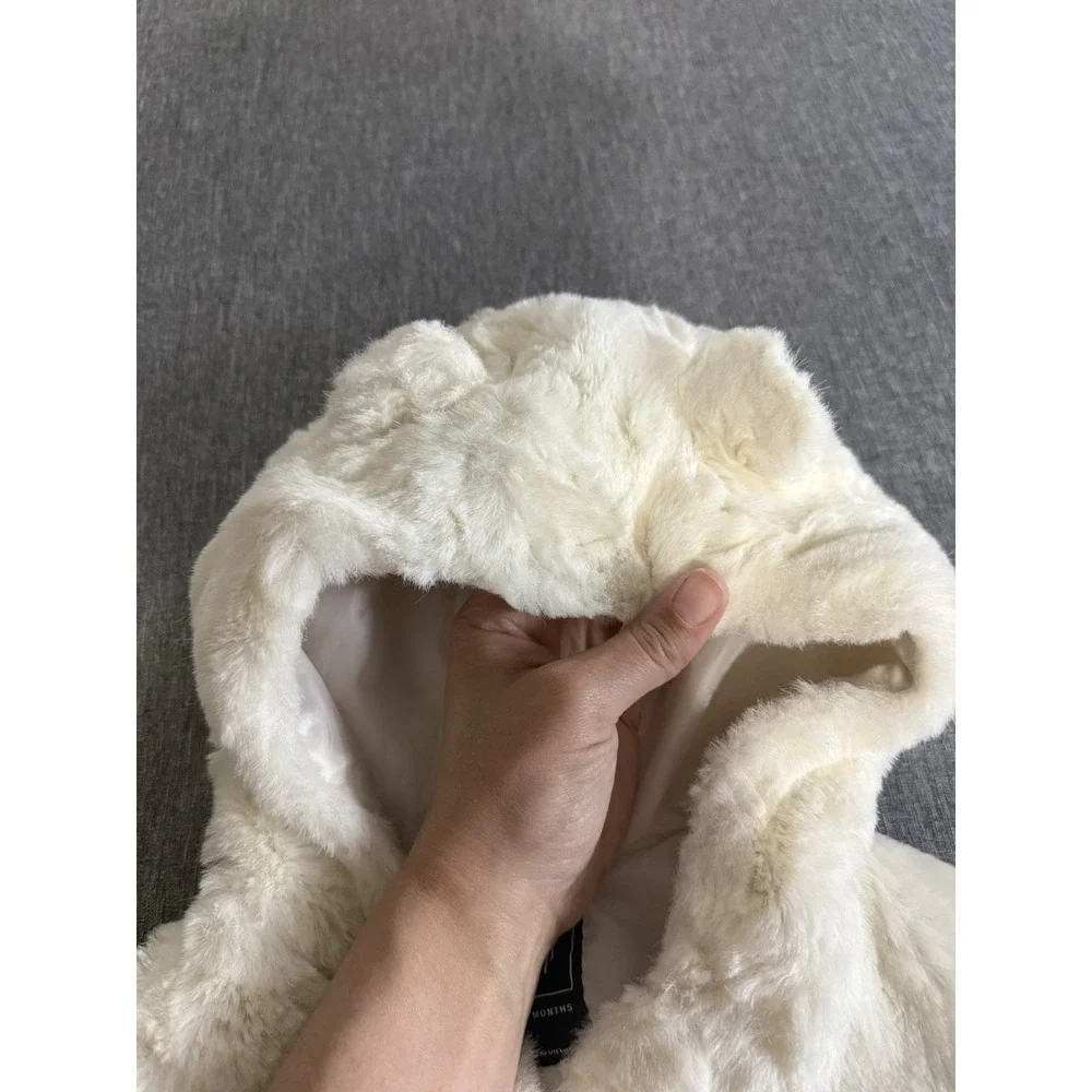 Baby Gap Toddler Girls Faux Fur Cream White Cropped Hooded Jacket Sz 18-24 Mths